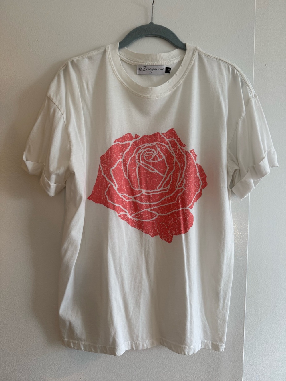 girl Dangerous - White Boyfriend Tee with Rose Graphic Tee; size XS